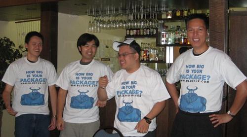 michael kwan, stephen fung, ed lau, and john chow with bluefur.com how big is your package t-shirts