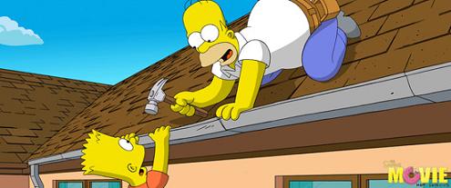 the simpsons movie - homer simpson and bart simpson atop their roof in springfield