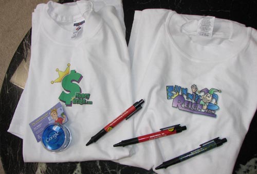 super affiliate zac johnson delivers two t-shirts, a yo-yo, three pens, and a business card