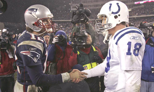 tom brady of the new england patriots shakes hands with peyton manning of the indianpolis colts
